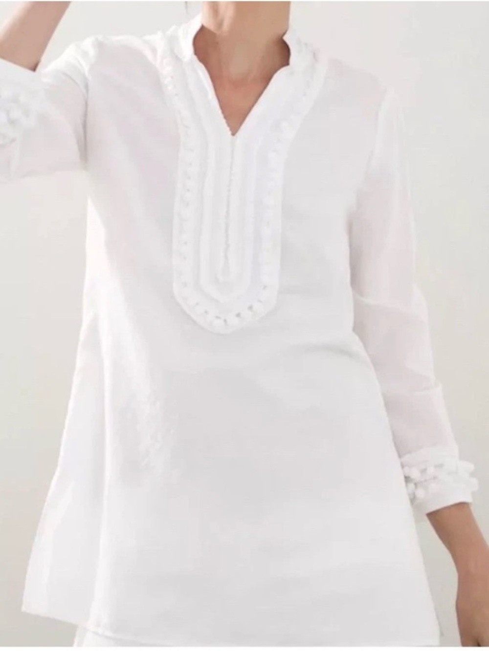 Chico's White Pom-Pom Trim V-Neck Tunic